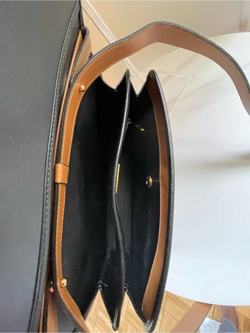 Dior Black Pebbled Leather Satchel with Tan Trim and Gold Hardware